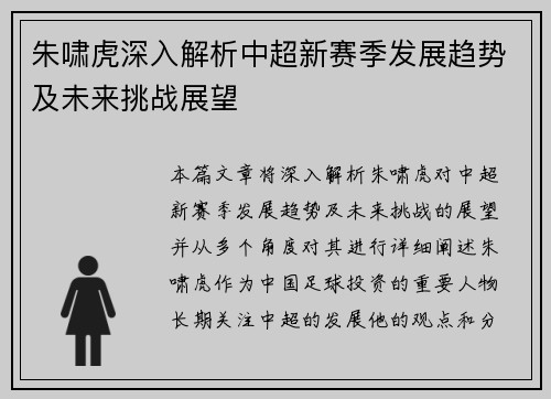 朱啸虎深入解析中超新赛季发展趋势及未来挑战展望